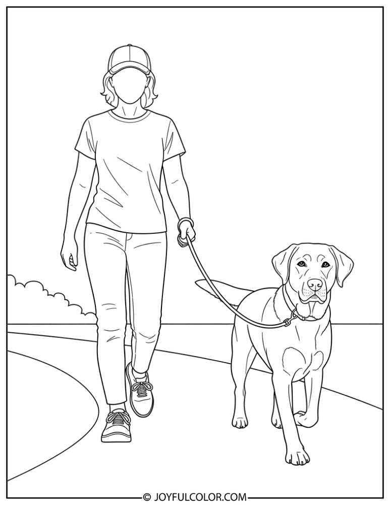 Labrador Walking with Owner Coloring Page