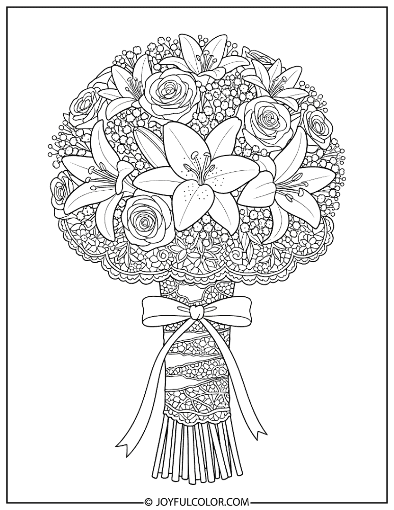 Lace-Wrapped Bridal Bouquet Coloring Page