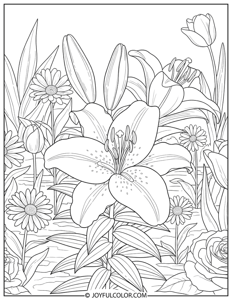 Lily Blossom Garden Flower Coloring Page