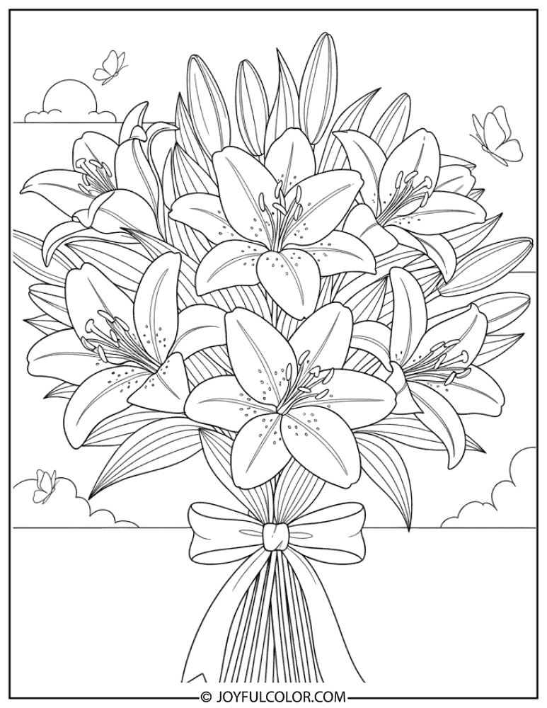Lily Bouquet with Ribbon Coloring Page