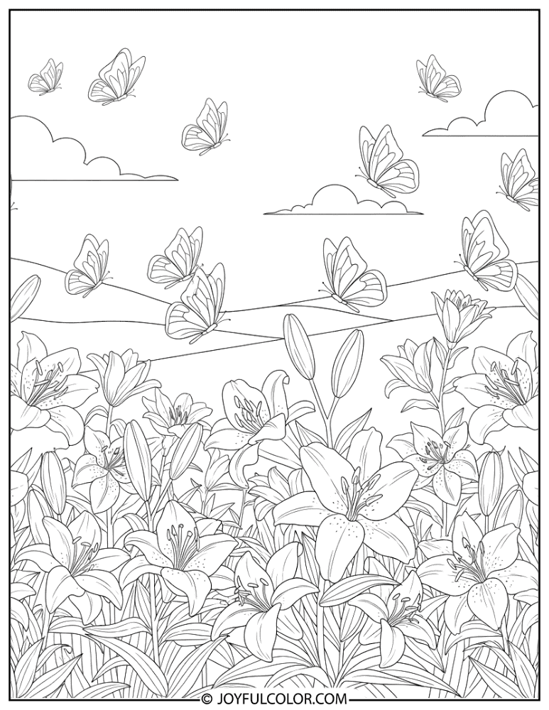 Lily Garden with Butterflies Coloring Page
