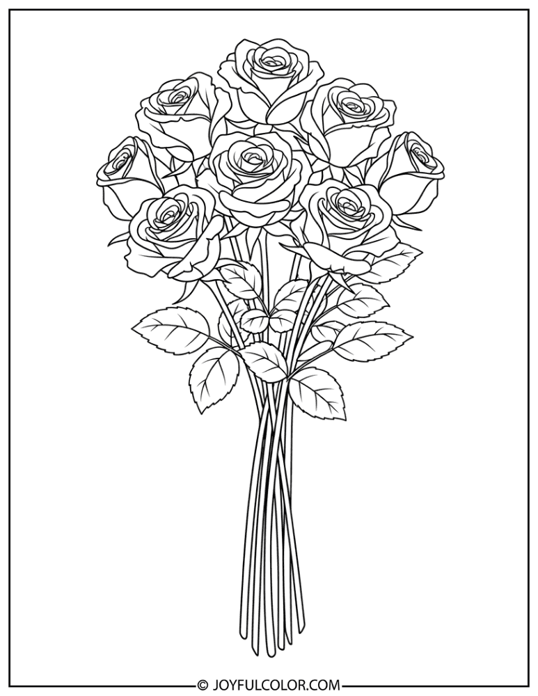 Long-Stem Rose Bouquet Coloring Page