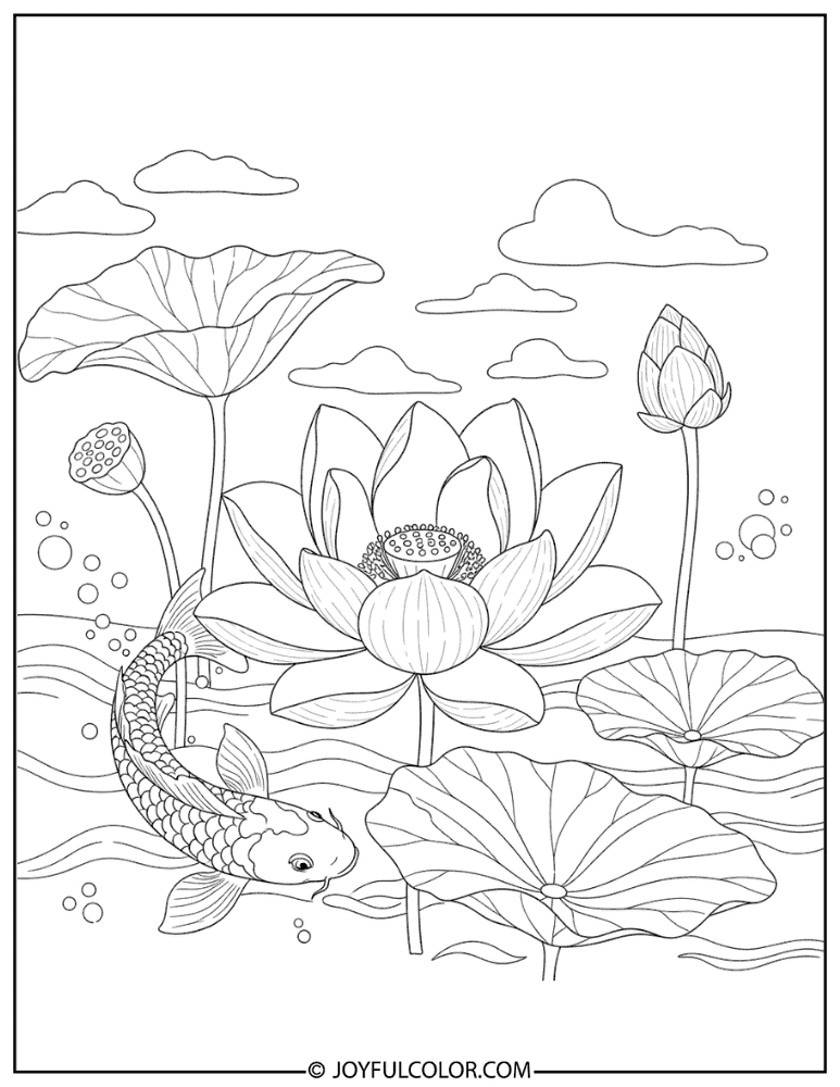Lotus Flower with Koi Fish Coloring Page