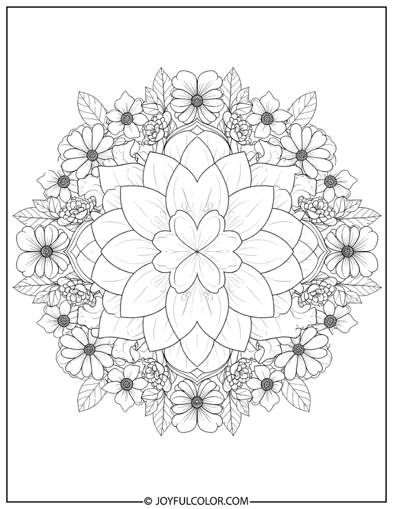 Lotus-Inspired Garden Flower Mandala Coloring Page