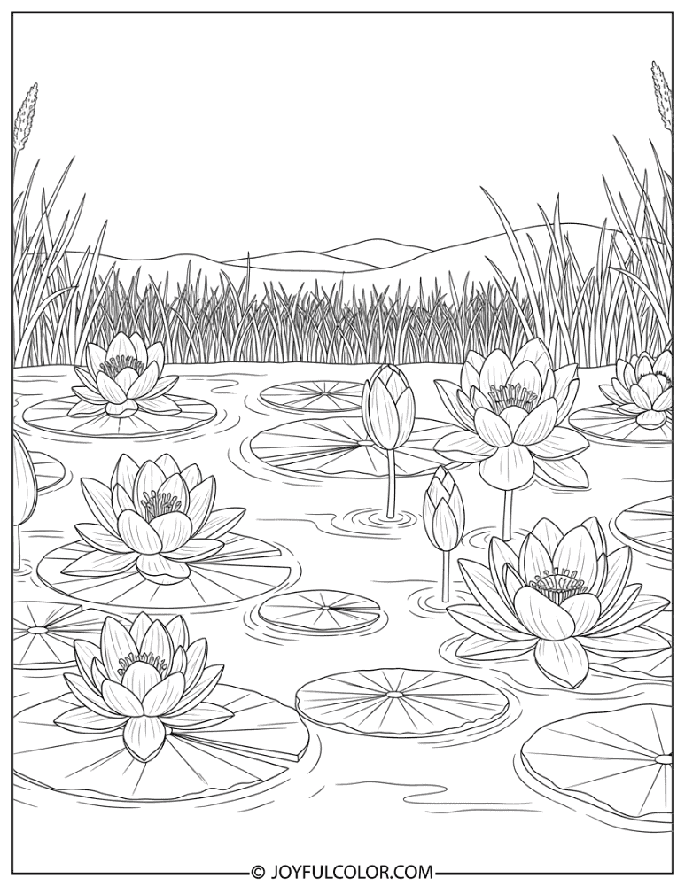Lotus and Water Lily Pond Coloring Page