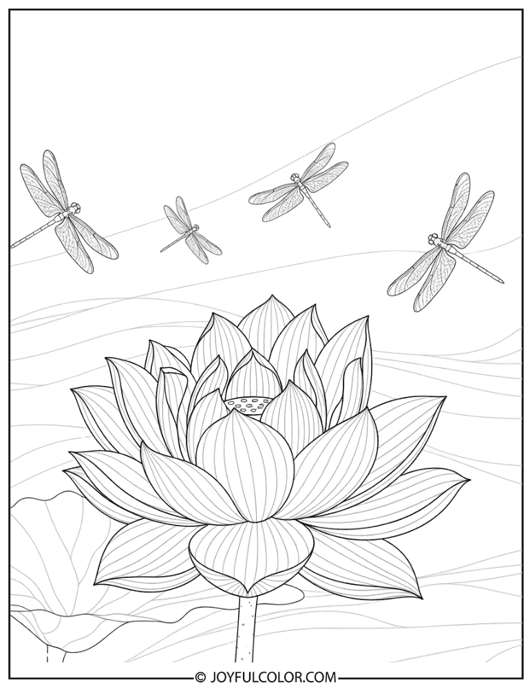 Lotus with Dragonflies Coloring Page