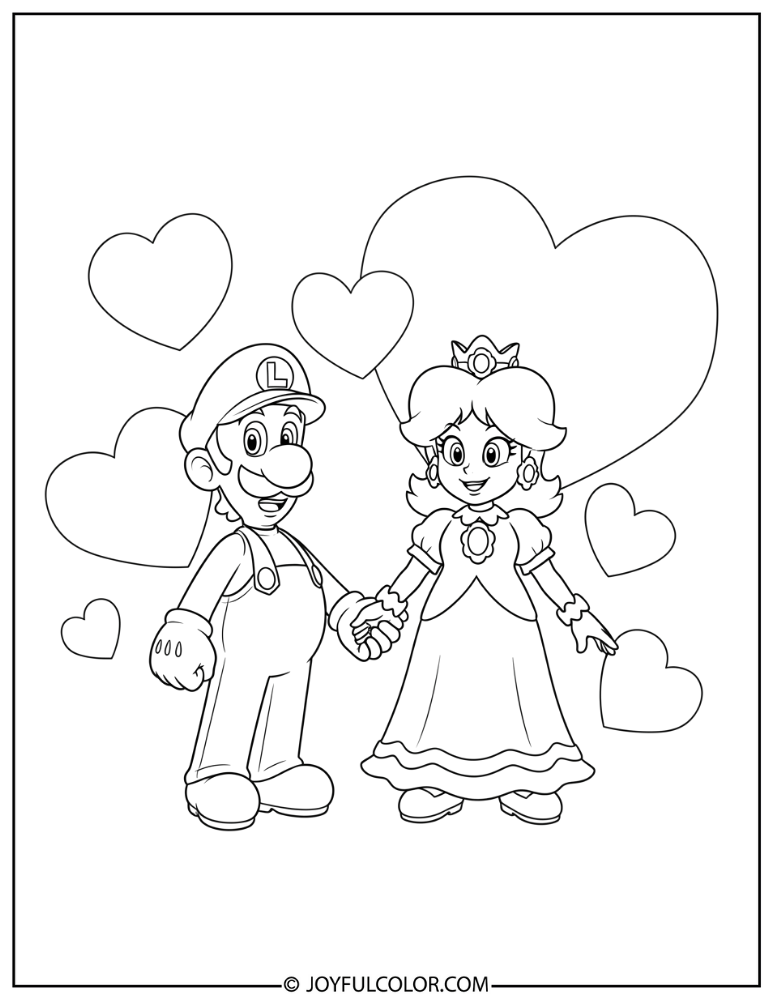 Luigi Daisy Hearts Coloring Page