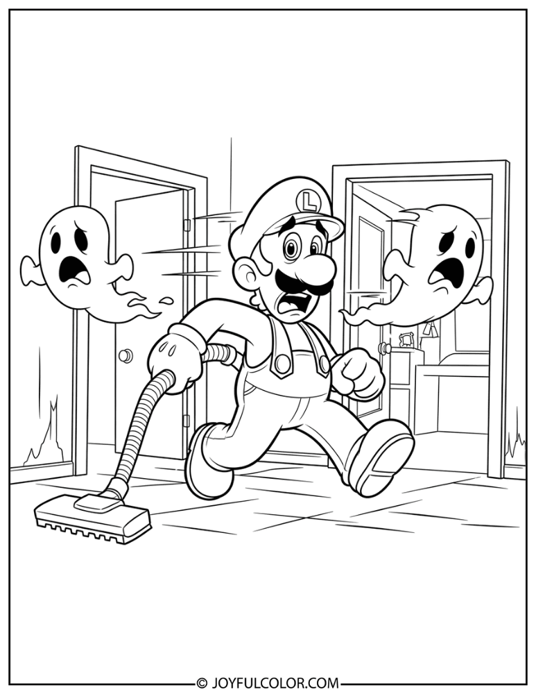 Luigi Hunting Ghosts Coloring Page