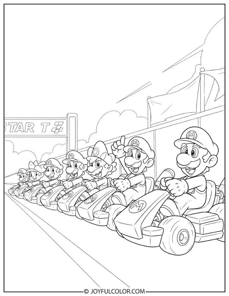 Mario Kart Start Line Coloring Page