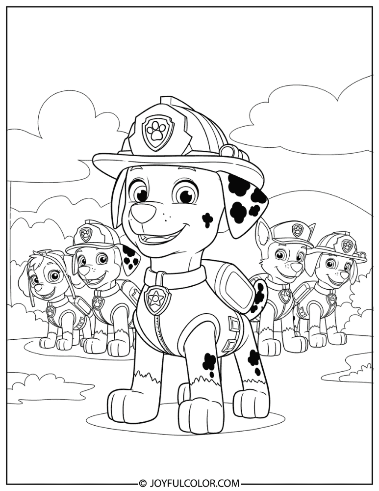 Marshall with the Paw Patrol Team Coloring Page