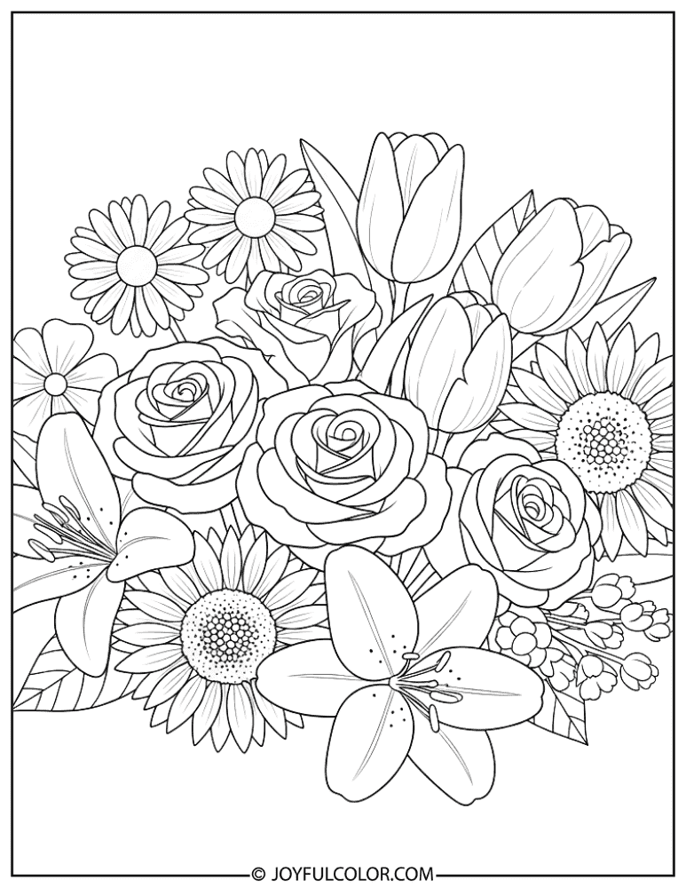 Mixed Garden Flower Bouquet Coloring Page