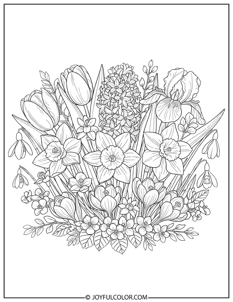 Mixed Spring Flower Bouquet Coloring Page