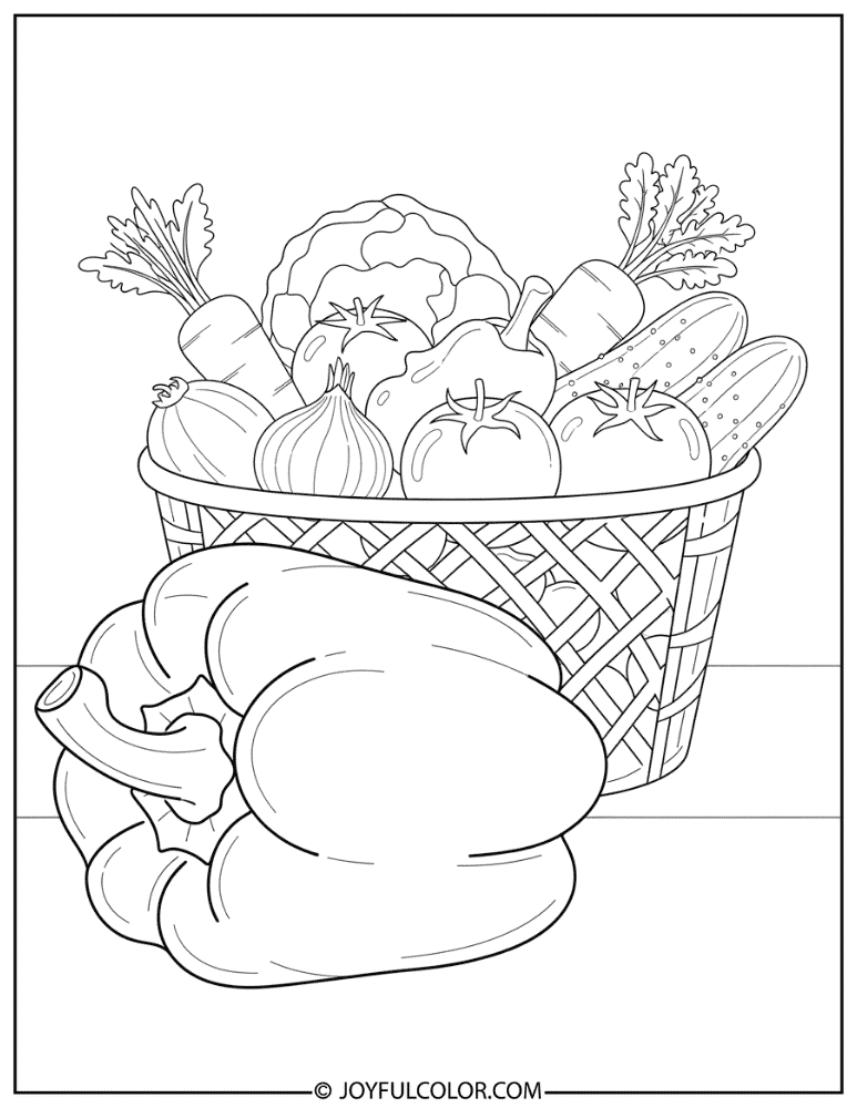 Mixed Vegetable Basket with Peppers Coloring Page