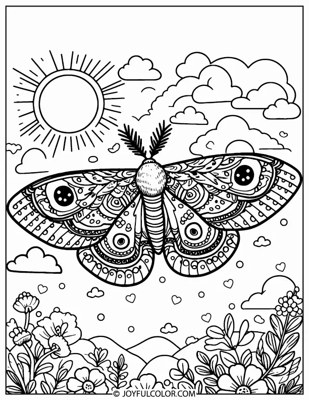 Moth & Beautiful Flower Coloring Page