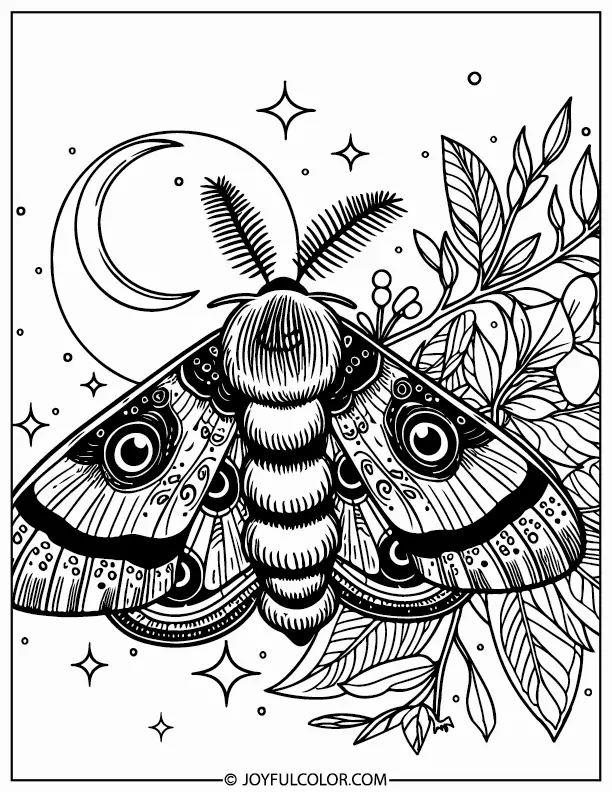 Moth & Beautiful Moon Coloring Page