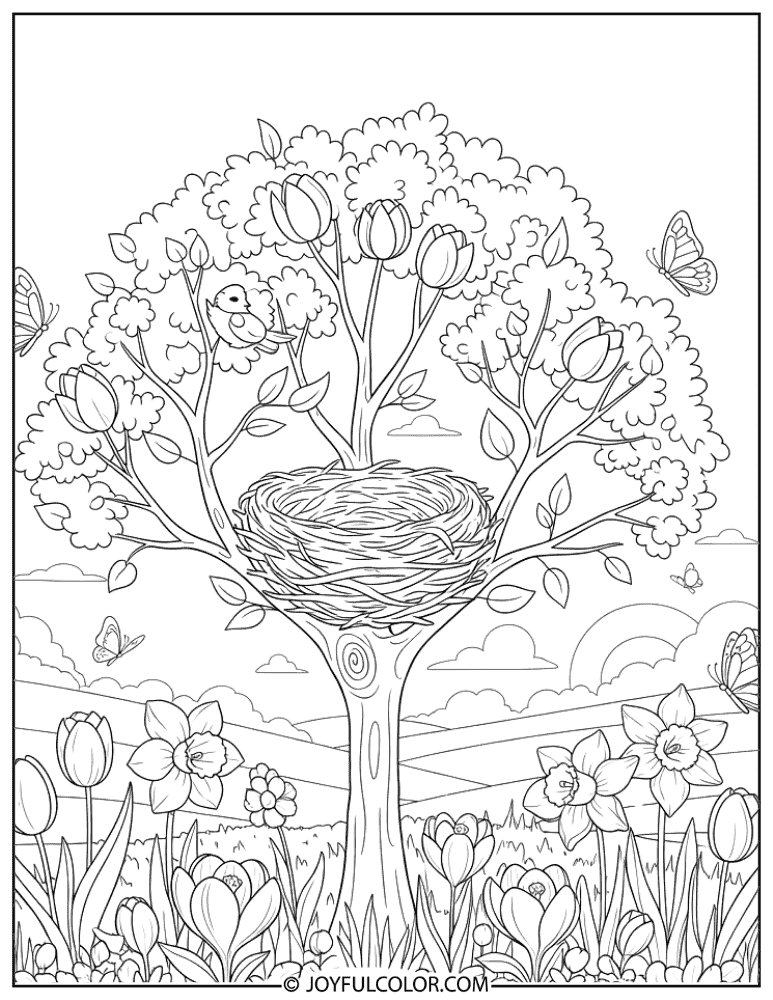 Nest in Spring Tree Coloring Page