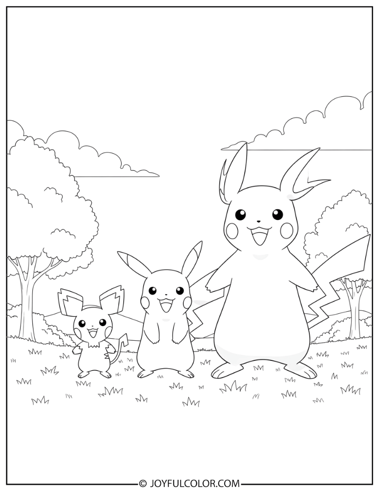 Pichu Pikachu Raichu Coloring Page