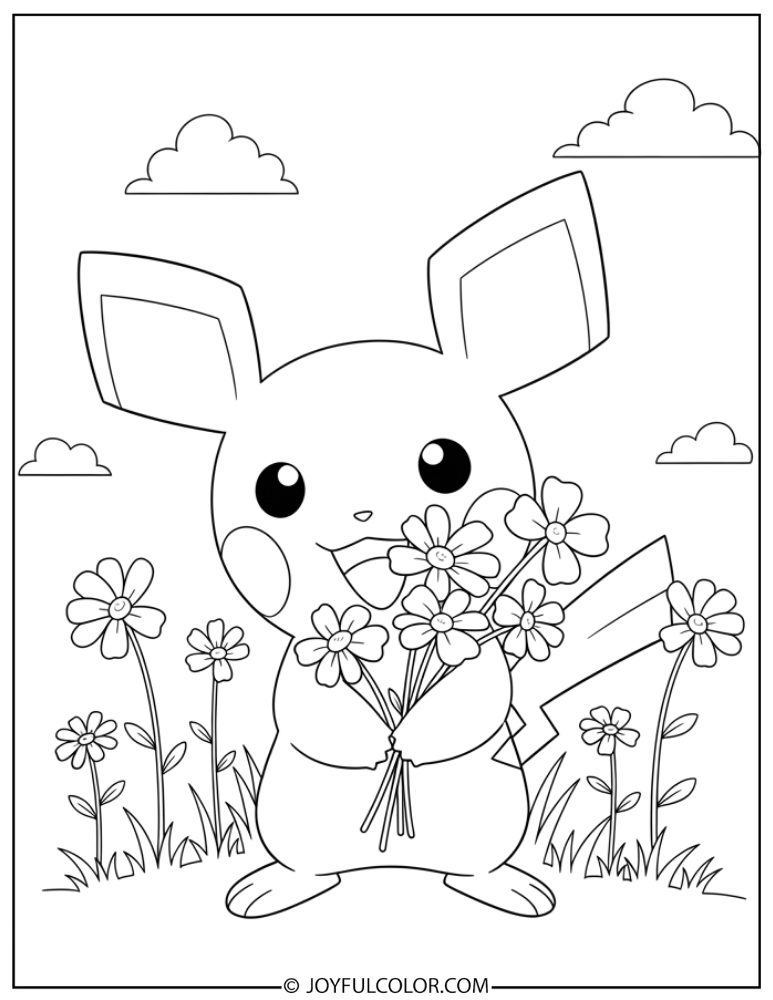 Pichu with Flowers Coloring Page