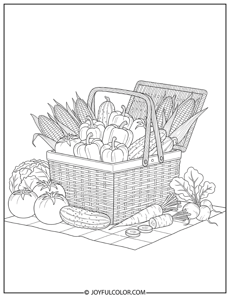 Picnic Basket with Fresh Produce Coloring Page