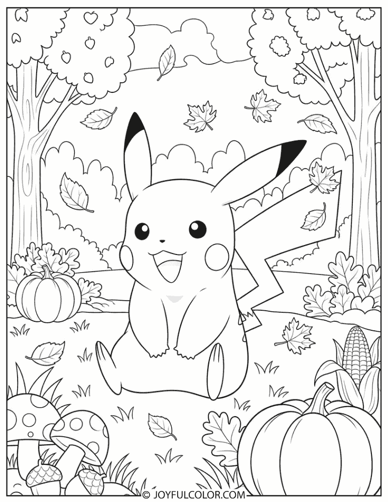 Pikachu Autumn Coloring Page