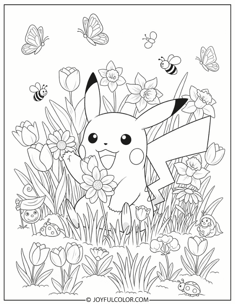 Pikachu Spring Flowers Coloring Page
