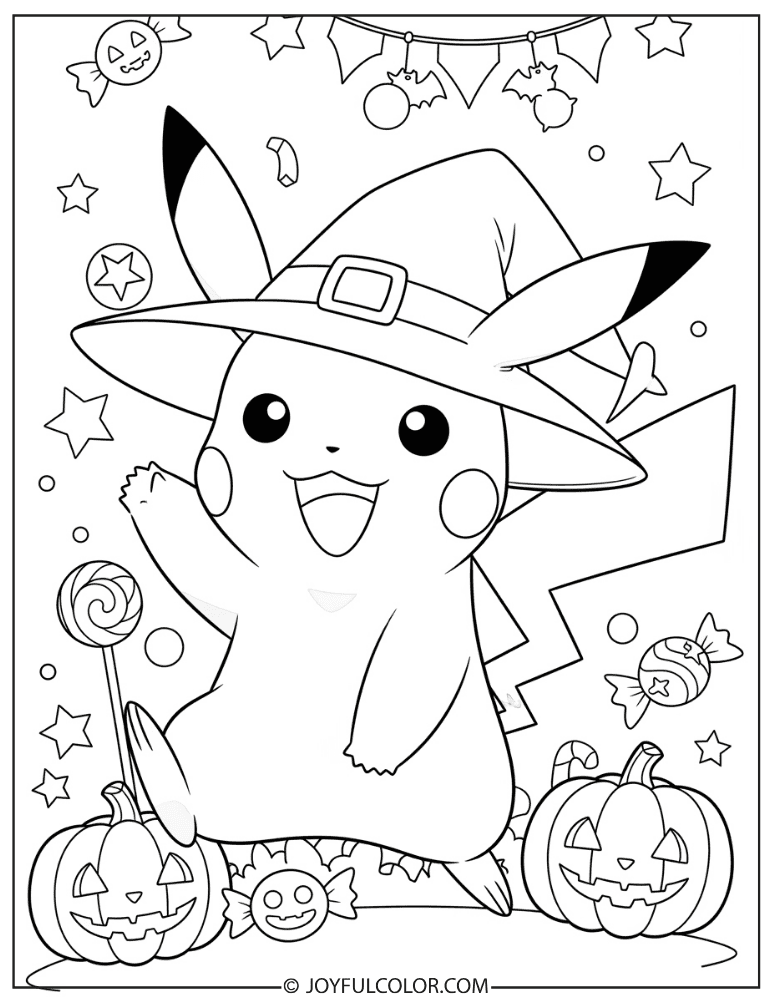 Pikachu Witch Hat Coloring Page