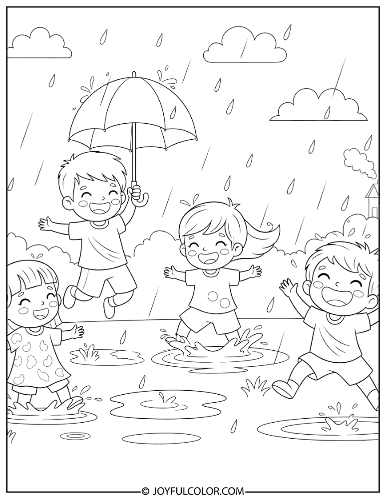 Playing in Rain Scene Coloring Page