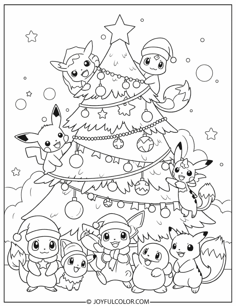 Pokemon Christmas Tree Scene Coloring Page
