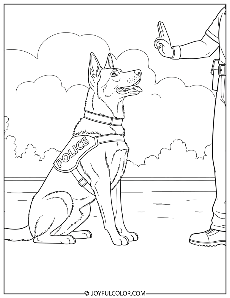 Police Dog Following Commands Coloring Page