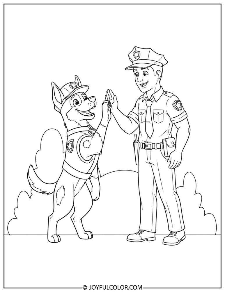 Police Dog High Five with Officer Coloring Page