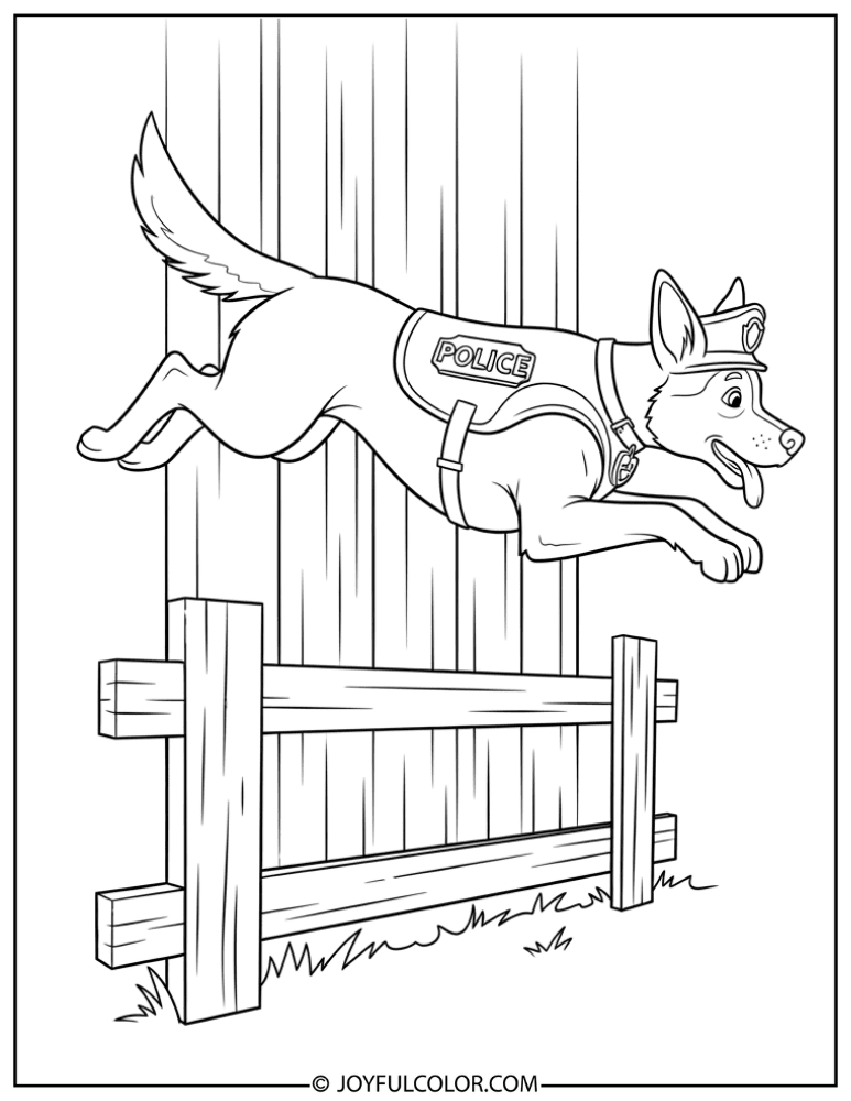 Police Dog Jumping Over Fence Coloring Page