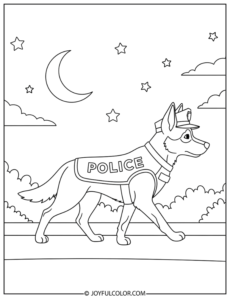 Police Dog Night Patrol Coloring Page
