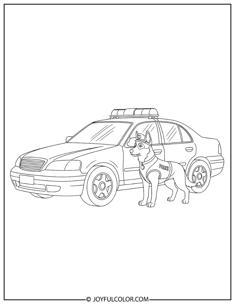 Police Dog Patrol Car Scene Coloring Page