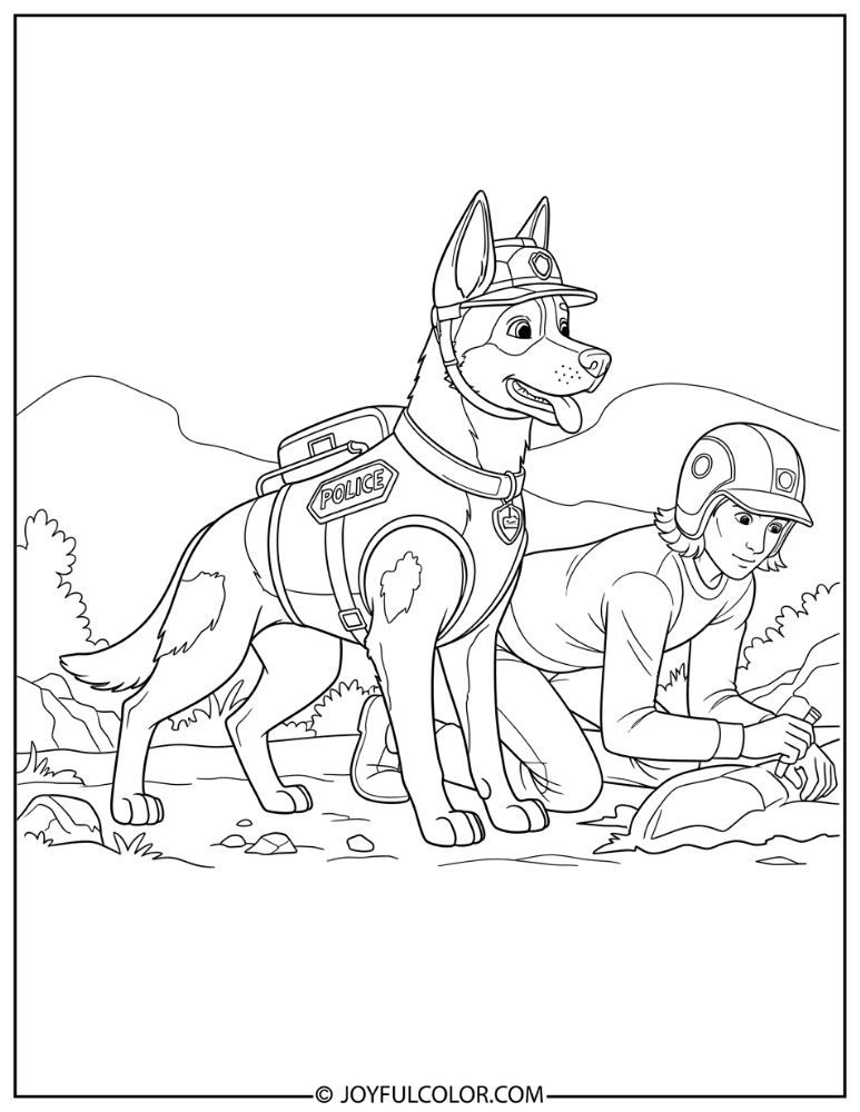 Police Dog Rescue Scene Coloring Page