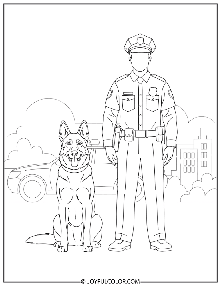 Police Dog Sitting Beside Officer Coloring Page