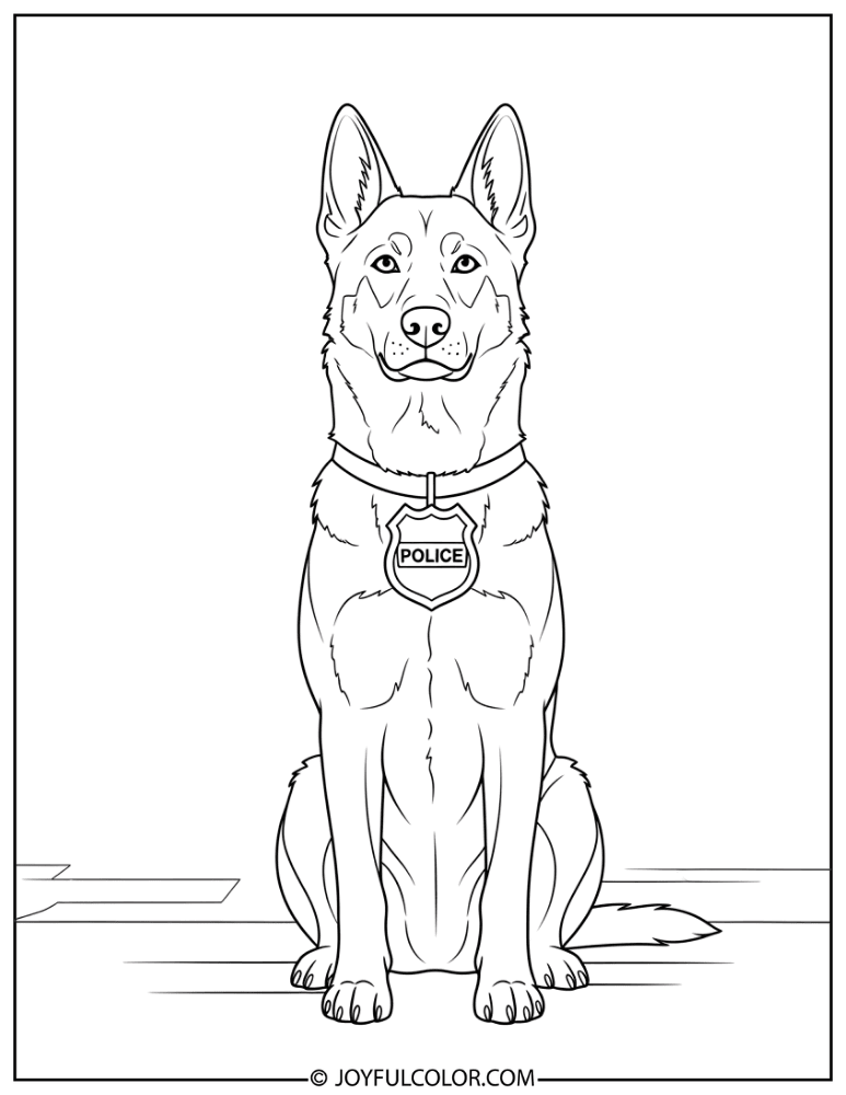 Police Dog Sitting with Badge Coloring Page