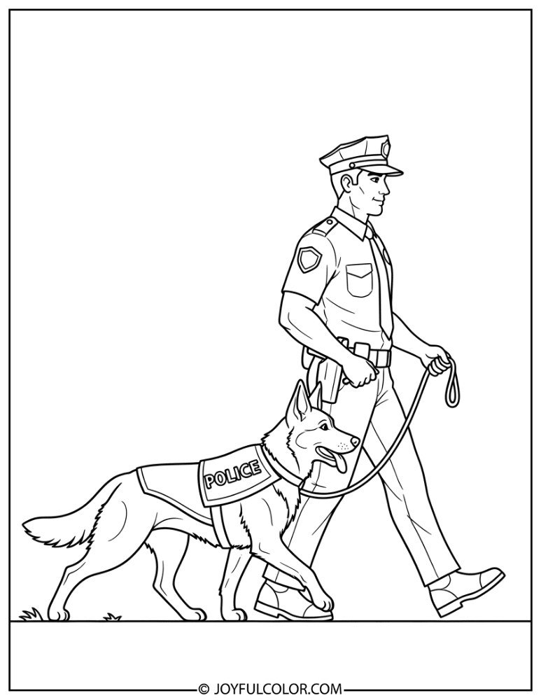 Police Dog and Officer Walking Coloring Page