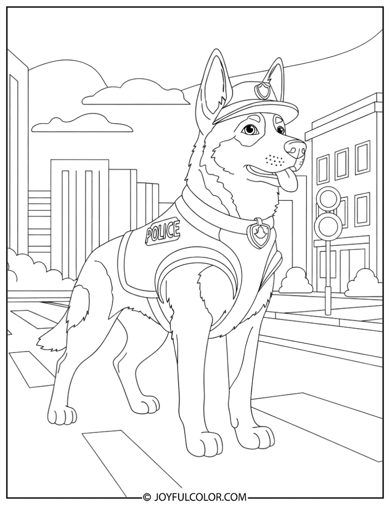 Police Dog in City Street Coloring Page