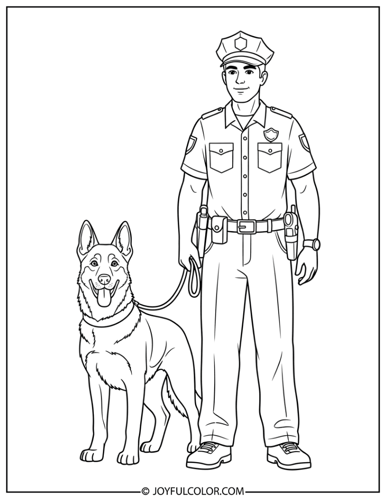 Police Dog with Handler Coloring Page