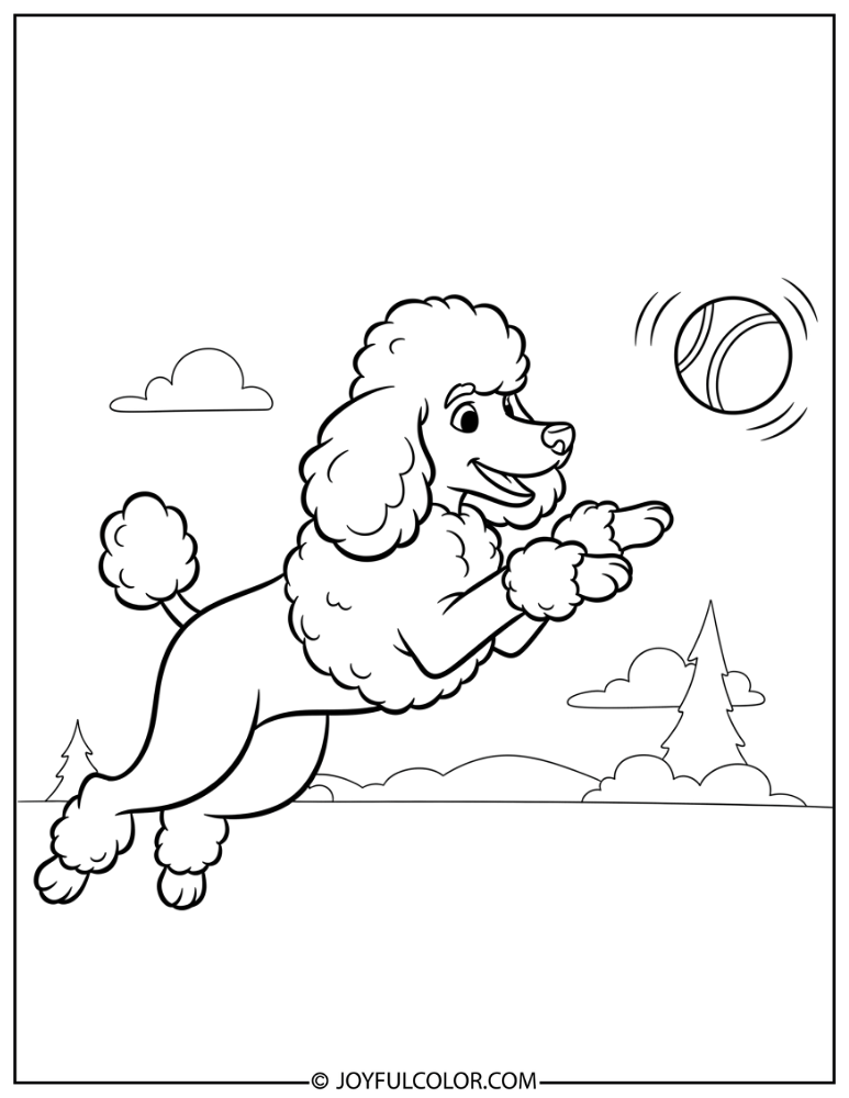 Poodle Fetching Ball Coloring Page