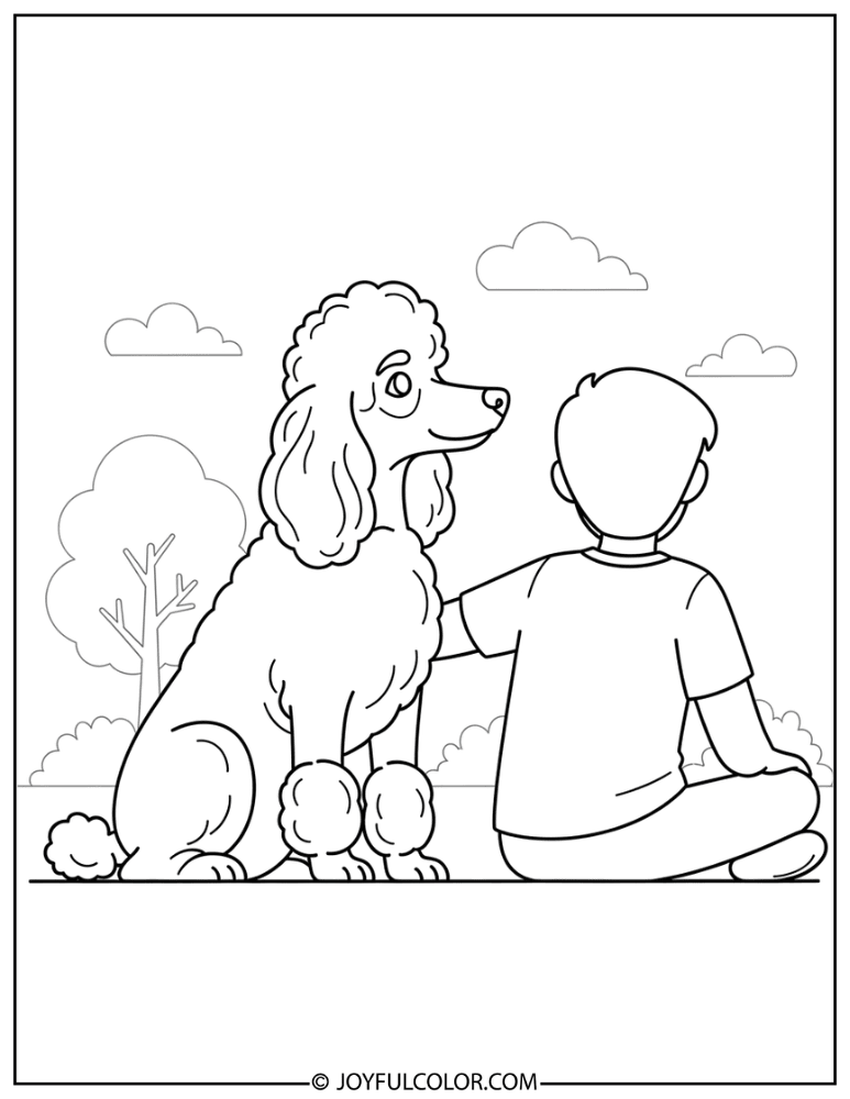 Poodle Sitting with Owner Coloring Page