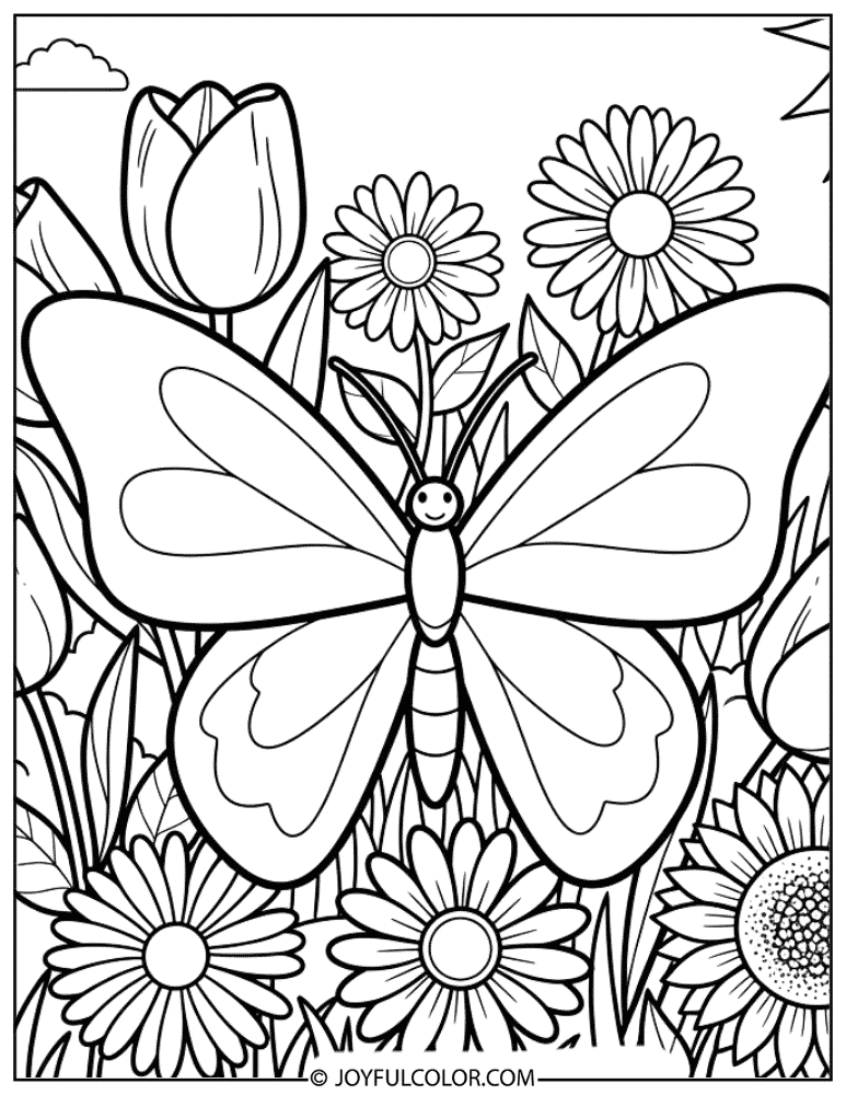 Preschool Butterfly Garden Coloring Page