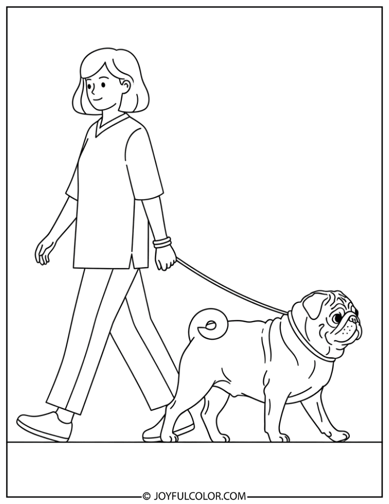 Pug Walking with Owner Coloring Page