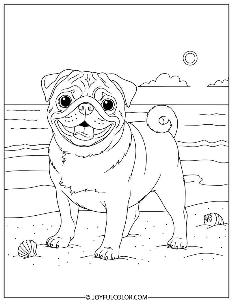 Pug at Beach Coloring Page