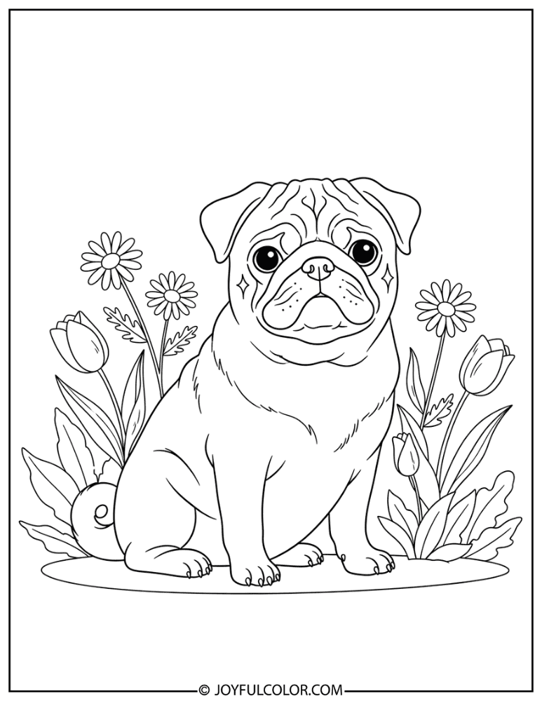 Pug in Garden Coloring Page