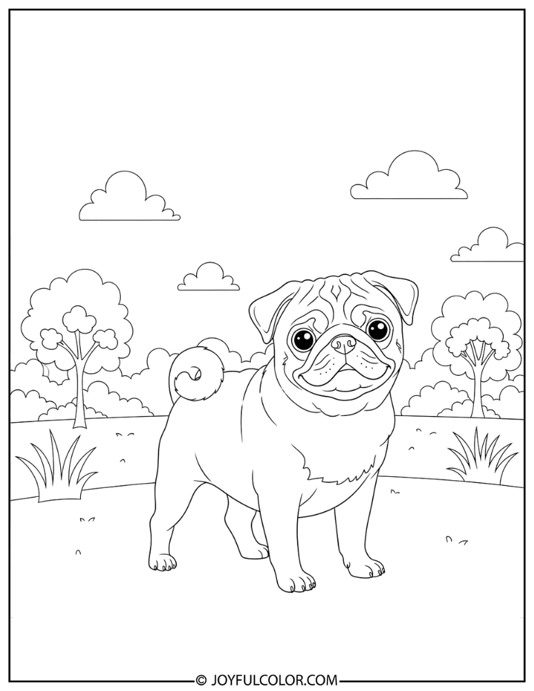 Pug in Park Coloring Page