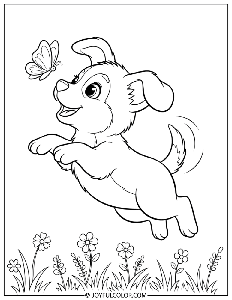 Puppy Chasing Butterfly Coloring Page