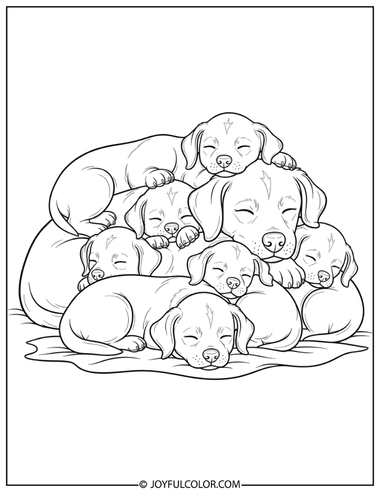 Puppy Family Sleeping Together Coloring Page