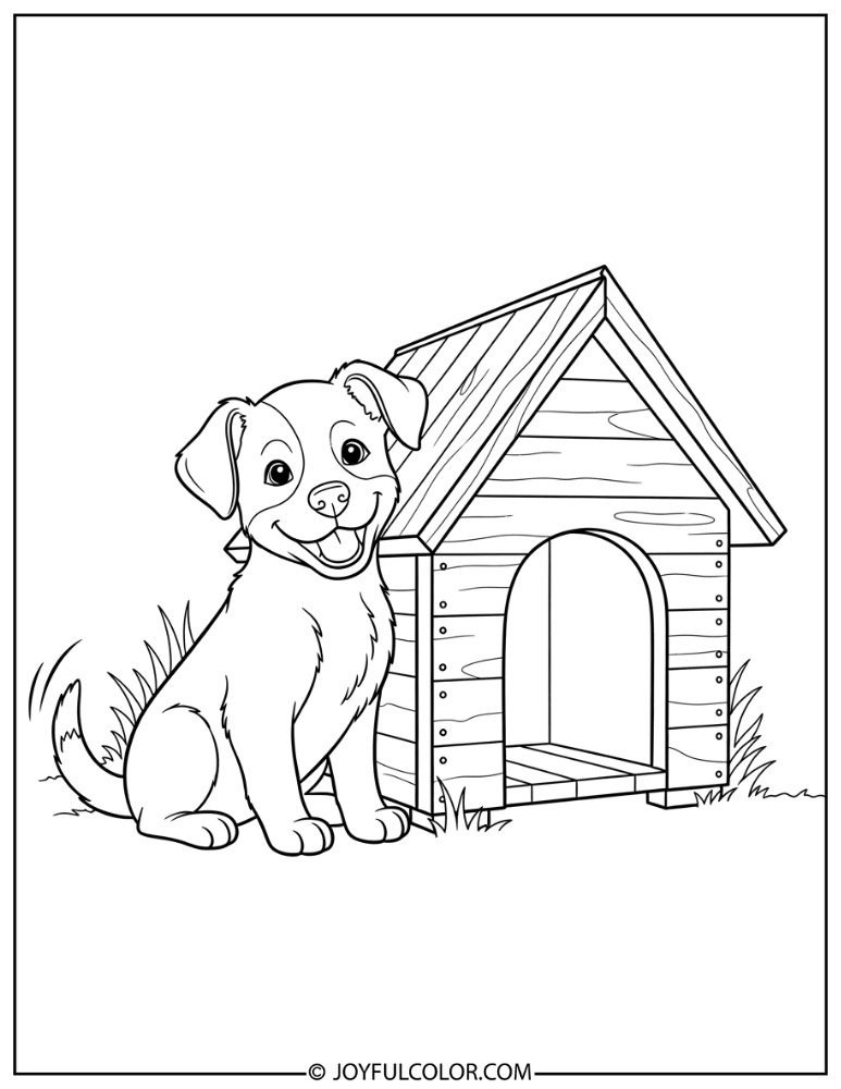 Puppy Near Dog House Coloring Page