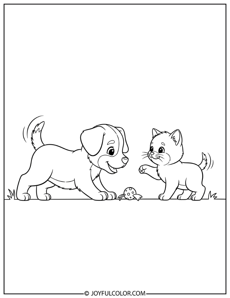 Puppy and Kitten Playing Coloring Page
